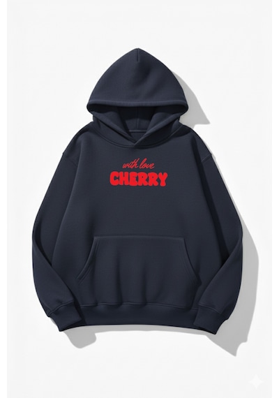 Uyguntarz Unisex Yumuşak Dokulu With Love Cherry Baskılı Tasarım Oversize 3 İplik Hoodie Sweatshirt Indigo