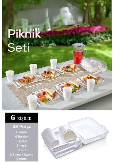 Mithra Life 6 Kişilik Çantalı Beyaz Çatal Bıçak Kaşık Ve Tabak Piknik Seti Mıt1232 Diğer