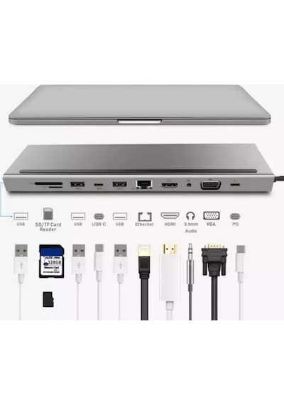 Apple Uyumlu MacBook Usb Type-c Girişli 11 Portlu Hdmı Usb Vga Pd Sd Dönüştürücü