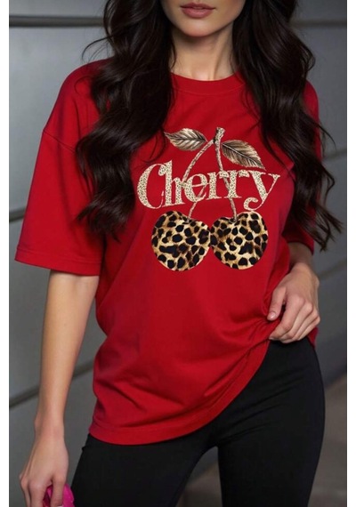 Gold Cherry Kadın Oversize Ön Baskılı Bisiklet Yaka Pamuklu T-shirt Rahat Kesim Kirmizi