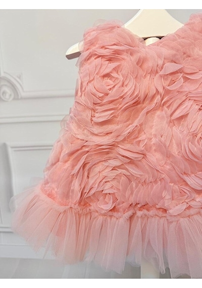 Ministok Mira Gül Kabartmalı Arkası Fiyonklu Kız Bebek Elbise Pembe