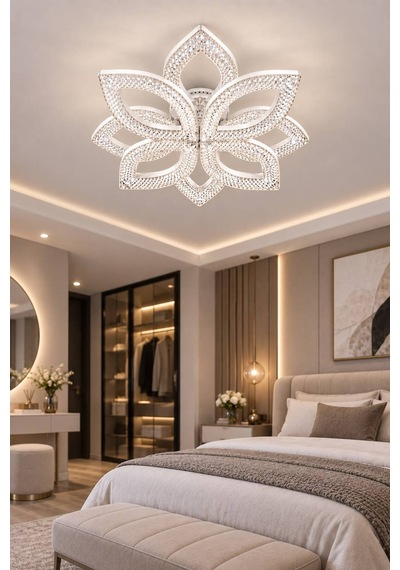 Yonca Model Beyaz Kumandalı 8"li Ledli 3 Renk Modu Kristal Salon Mutfak Yatak Çocuk Odası Avize