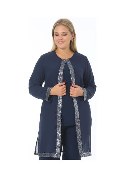 Ladies First Büyük Beden 3717 Lacivert Gümüş Ceket+Bluz İkili Takım Gümüş - Lacivert