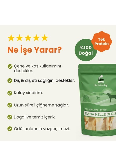 Kito Kurutulmuş Dana Kelle Derisi Çiğnemelik Köpek Ödül Maması%100 Doğal, Glutensiz, Organik 100 Gr Dog Treat