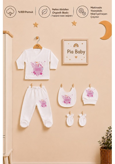 Pia Baby İsme Özel Kız Bebek %100 Pamuk Zıbın Şapka Önlük Eldivenli Set 2024zyx Krem
