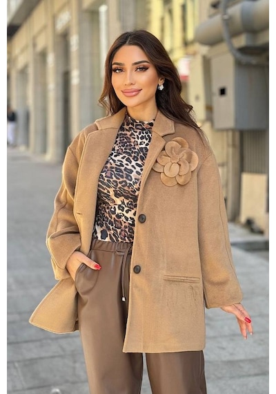 Fever Broş Çiçekli Kadın Kaşe Kaban 342118001 Camel