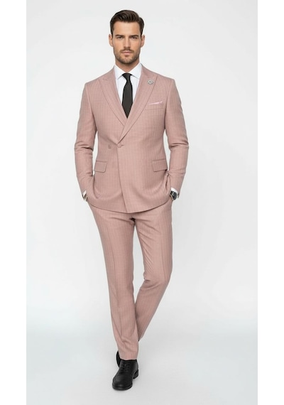 Erkek Slim Fit Çizgili Takım Elbise 2 Top Düğmeli, Çift Yırtmaçlı Modern Kesim Kiremit