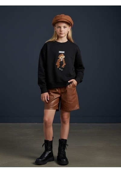Kız Çocuk İki İplik Ayıcık Nakışlı Tasarım Sweatshirt-16467 Siyah