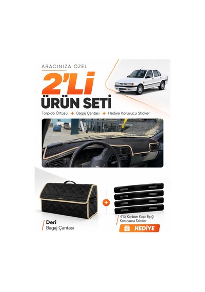 E-biz Renault 19 Europa 1996-2003 Uyumlu Torpido Örtüsü + Deri Bagaj Çantası - Siyah-bej - Re004