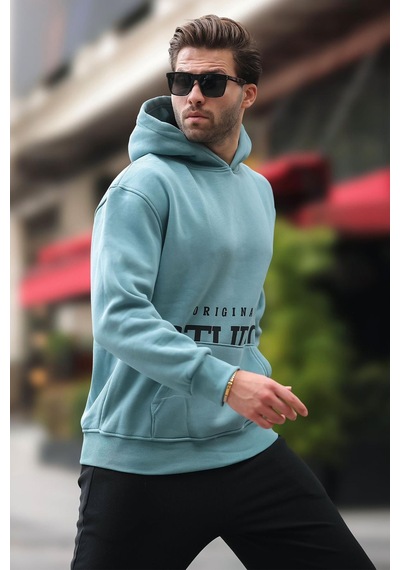 Madmext Mavi Kapüşonlu Baskılı Cep Detaylı Sweatshirt E7076 Mavi