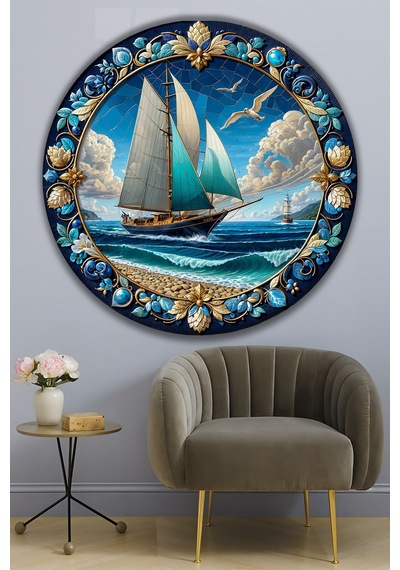 Mozaik Desenli Yelkenli Gemi Deniz Temalı Yuvarlak Temperli Cam Tablo Lüks Gold Detaylı Duvar Dekoru Deniz Temalı Dekoratif Duvar Tablosu, Salon, Ofis Ve Yazlık Dekoru, 80x80 Cm