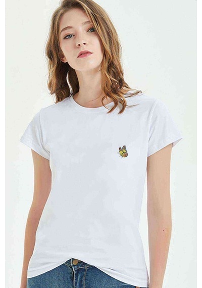 Butterfly Yellow Clip Baskılı Beyaz Kadın Tshirt