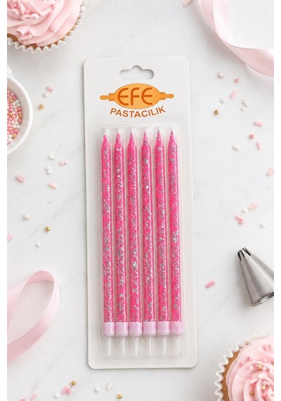 Pembe Gümüş Simli Uzun Pasta Mumu 17 Cm Karışık