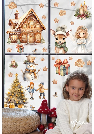 Yeni Yıl Masalı, Sevimli Yılbaşı Figürleri Sticker Seti, Kış Yılbaşı Süsü Sticker Cam Duvar Sticker Dijital Baskı