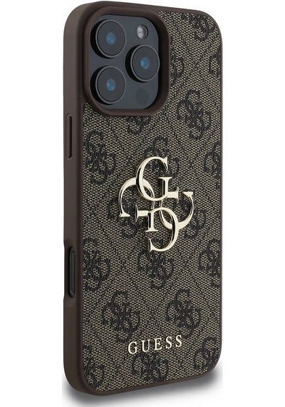 Apple Uyumlu iPhone 16 Pro Kılıf Guess Lisanslı Pu Deri 4g Desen Metal Büyük 4g Ve Yazı Logolu Kahverengi