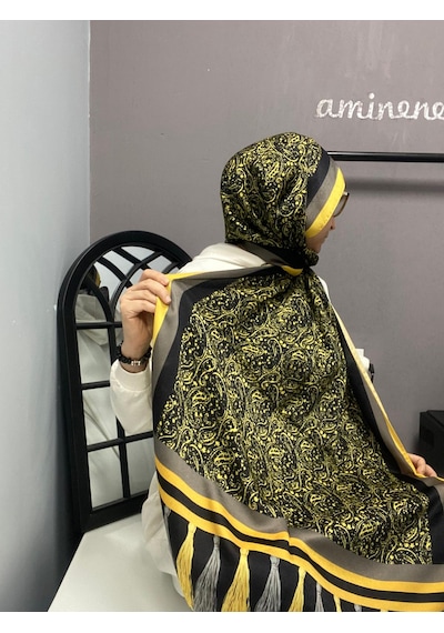 Aminenesil Cardion Premium Etnik Desen Şal Sarı Siyah Renk