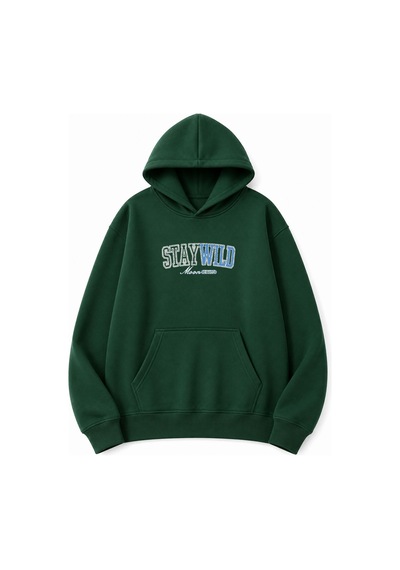 Herkesemoda Stay Wild Baskılı Kanguru Cepli Oversize Sweatshirt Yeşil