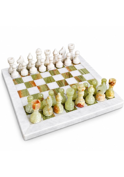 15 İnç Yeşil Oniks Doğal Taş Satranç Takımı 38x38 Cm Premium Özgün Hediye Kutulu
