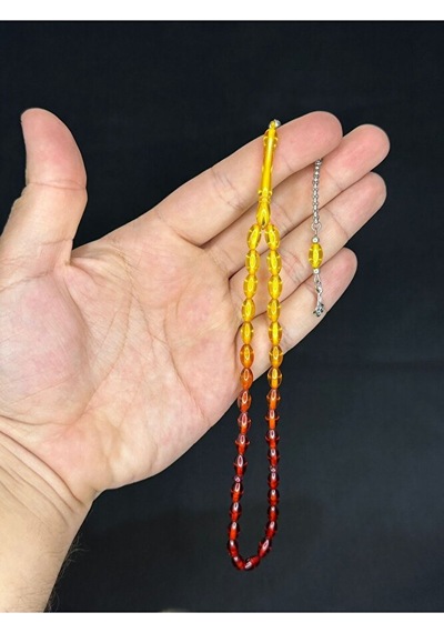5mm X 8mm Arpa Kesim Sarı - Kırmızı Geçişli Toz Kehribar Tesbih T-477