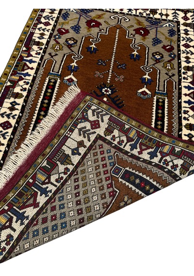 El Dokuması Sıfır Yahyalı Seccade 85x140 Kahverengi Beyaz Kök Boya %100 Yün Açık Kahverengi