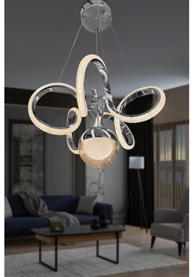 Kıvrım Tekli Fanus Top Simli Slikonlu Modern Oturma Led Avizesi - Kumandalı / Krom Krom