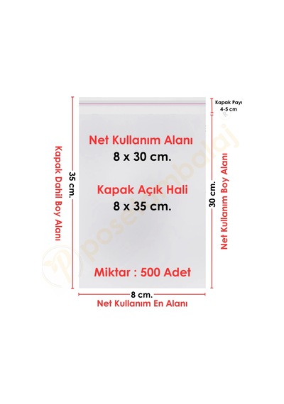 8x30+5 Cm. 8x35 500 Adet Şeffaf Bantlı Yapışkanlı Opp Poşet