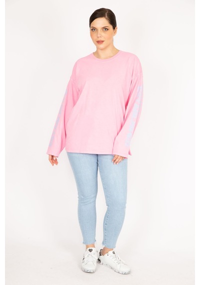 Şans Kadın Bej Büyük Beden Kol Baskılı Sweatshirt-pembe Pembe