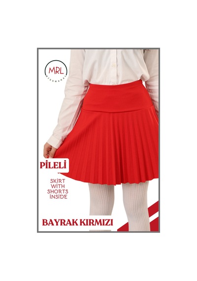 Kız Çocuk Pileli Etek Kırmızı Yüksek Bel İçi Şortlu Likra Kumaş Okul-oyun-spor-etkinlik Eteği 4107 Kırmızı