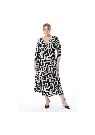 Mooi Xxl Kadın Siyah Beyaz Batik Geometrik Desen Uzun Kol Kruvaze Yaka Büyük Beden Maxi Elbise Siyah