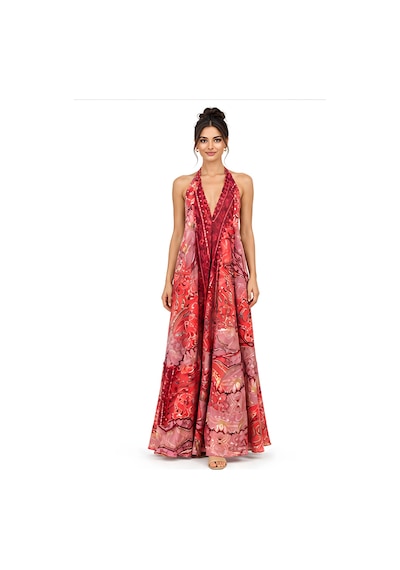 Lili Woman Kadın Kırmızı Ombreli Batik Desenli Halter Yaka Otantik Maxi Elbise Mo.melb01k