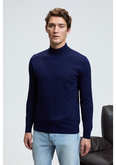 Grimelange REBEL Erkek Yarım Balıkçı Yaka Basic Slim Fit Triko Lacivert Kazak