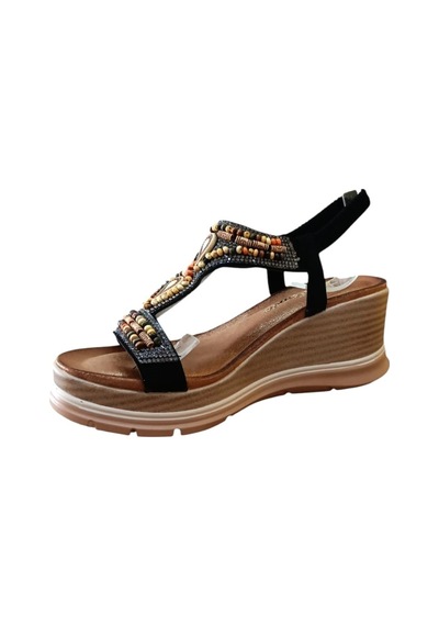 De Scarıo 1060 Kadın Taşlı Dolgu Topuklu Comfort Sandalet Siyah Siyah