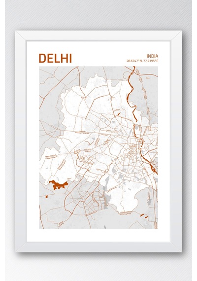 Delhi Hindistan India Haritası Çerçeveli Tablo Lüks Salon Ofis Duvar Dekorasyonu Hediyelik Tablo Beyaz