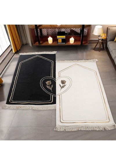 Kalbi Tamamla Eşlere Özel Çiftli Seccade Siyah Beyaz Gold İşlemeli 70 120cm330gr Tek Ürün Ölçüsü Çok Renkli