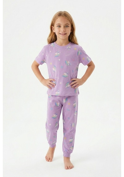 Bunny Hopp Bunnyhopp Kız Çocuk Pijama Takımı Pamuk Unicorn Desenli Yazlık Kısa Kollu Lila
