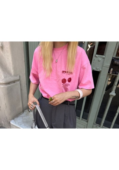 Noıssey Pembe Yazlık Pembe Oversize Pamuklu Bisiklet Yaka Kadın