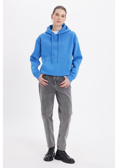 Tudors Kadın Oversize Geniş Kesim Pamuklu Yumuşak Dokulu İçi Polarlı Basic Mavi Kapüşonlu Sweatshirt-37901 Mavi