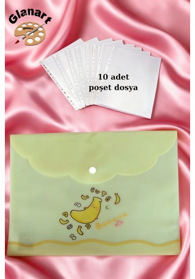 A4 Boy Çıt Çıt Ödev Dosyası +10' Lu Poşet Dosya Pastel Renkler Sarı Muz Desen