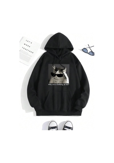 Startmore Startmoreneden Benimle Bakıyorsun Baskı Hoody Erkekler Moda Rahat Kazak Basit Gevşek Kapşonlu Sonbaha Siyah