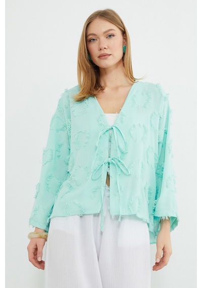 Fullamoda Püsküllü Önü Bağlamalı Salaş Kimono Mint Yeşili