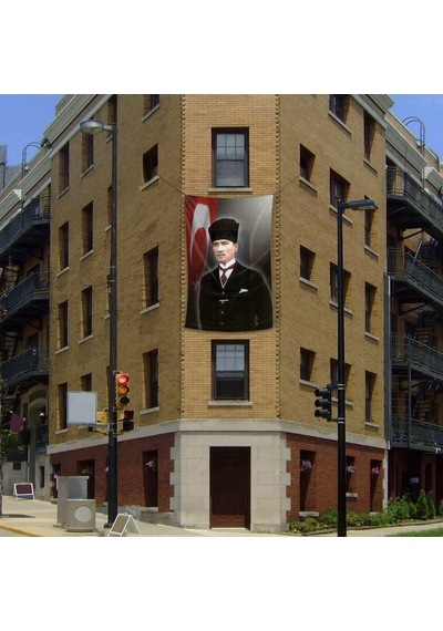 Kalpaklı Gazi Mustafa Kemal Atatürk Poster Dış Cephe Bayrağı - 200x300cm 2 X 3 Metre 1