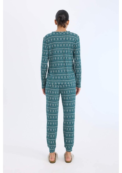 DeFacto Fall in Love Pijama Takımı Waffle Kumaş Uzun Kollu Üst Esnek Belli Uzun Alt D2284AX24WNGN1040 Yeşil