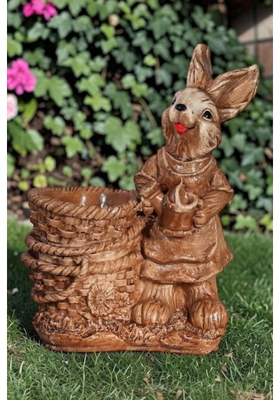 Dekoratif 35 Cm Kahverengi Sepetli Tavşan Ev Balkon Bahçe Dekorasyon Diğer