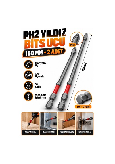 Ph2 Yıldız Uzun Bits Uç 150 Mm 2 Adet Mıknatıslı S2 Çelik 1/4 İnç Altıgen Şaftlı Vidalama Ucu
