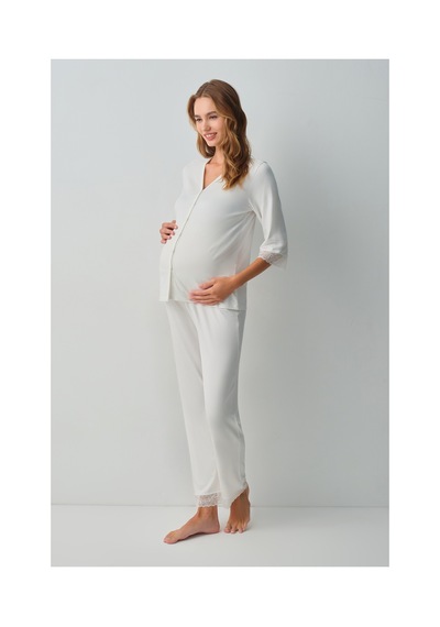 Suwen Pearl Hamile Lohusa Gömlek Yaka Pijama Takımı Wsh10510179036 Ekru