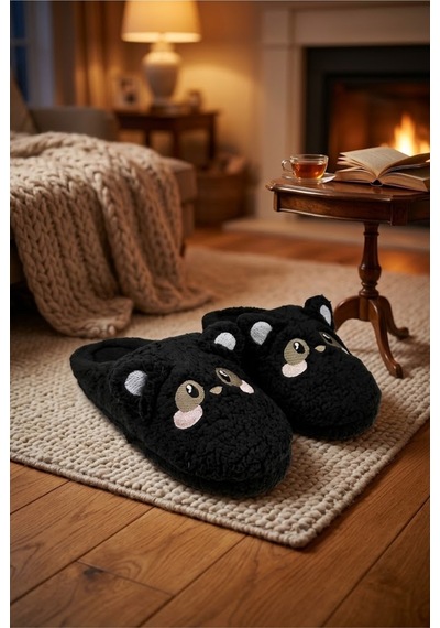 Relaxa Kadın Kedi Desenli Peluş Ev Terliği, Yumuşak Kürklü, Kaymaz Tabanlı, Sıcak Kışlık Terlik Siyah Relaxa Kadın Kedi Desenli Peluş Ev Terliği, Yumuşak Kürklü, Kaymaz Tabanlı, Sıcak Kışlık Terlik Siyah