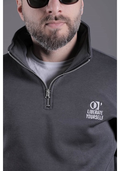 Dik Yakalı Parçalı Erkek Sweatshirt Füme