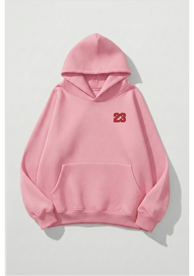 Uyguntarz Unisex Yumuşak Dokulu Kalbin İzi Baskılı Tasarım Oversize 3 İplik Hoodie Sweatshirt Pembe