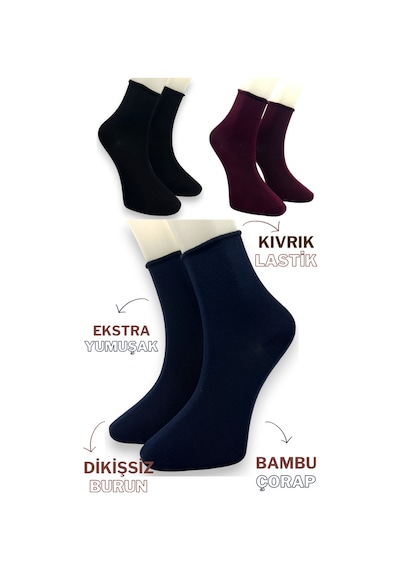Premium 3 Çift Bambu Kadın Lastiksiz Roll Top Soket Dikişsiz Çorap / Iz Bırakmaz / Sıkmayan Çorap Siyah Lacivert Bordo