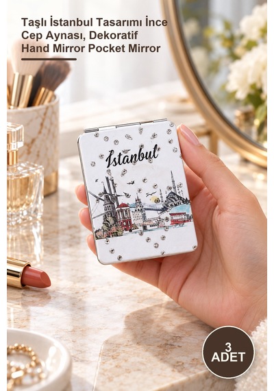 3 Adet El Aynası Taşlı İstanbul Tasarımı İnce Cep Aynası, Dekoratif Hand Mirror Pocket Mirror Sarı